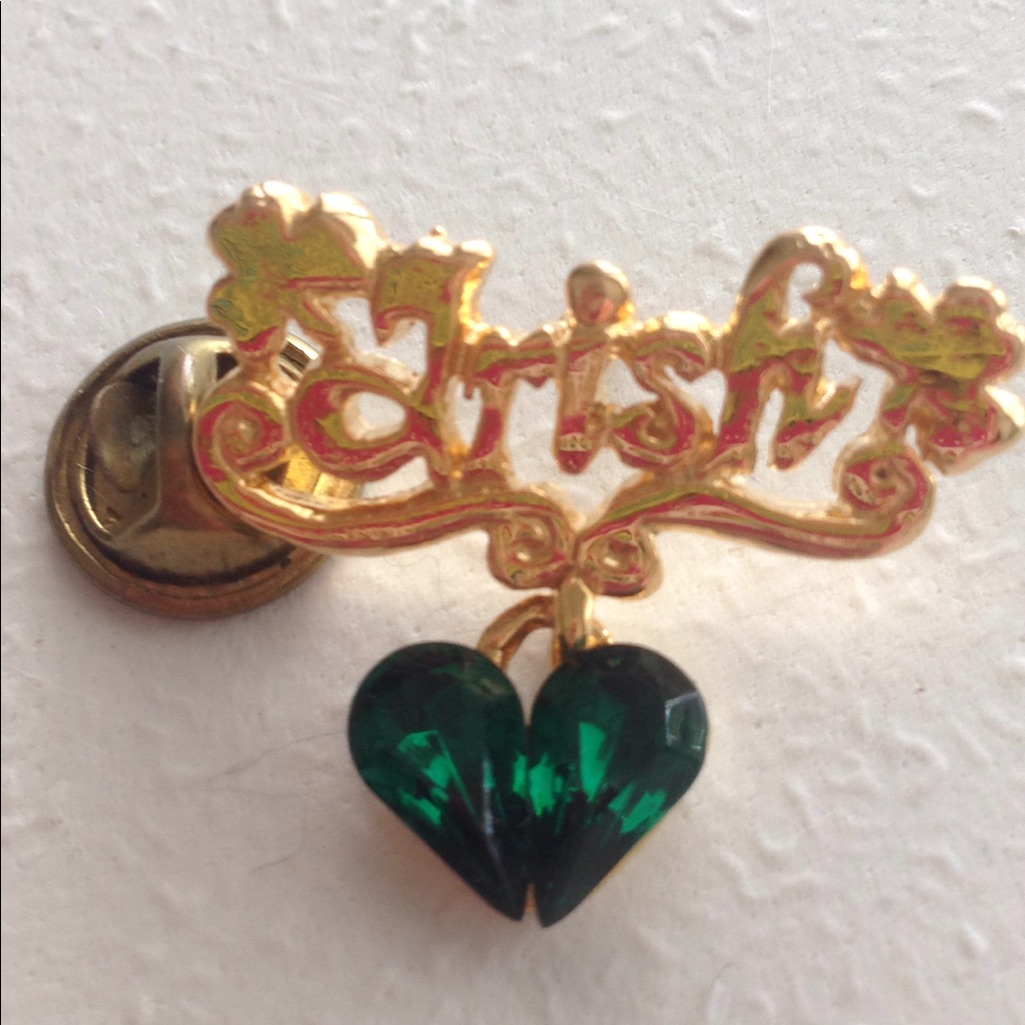 Pin In A Gold Tone Metal That Spells Irish Crystal